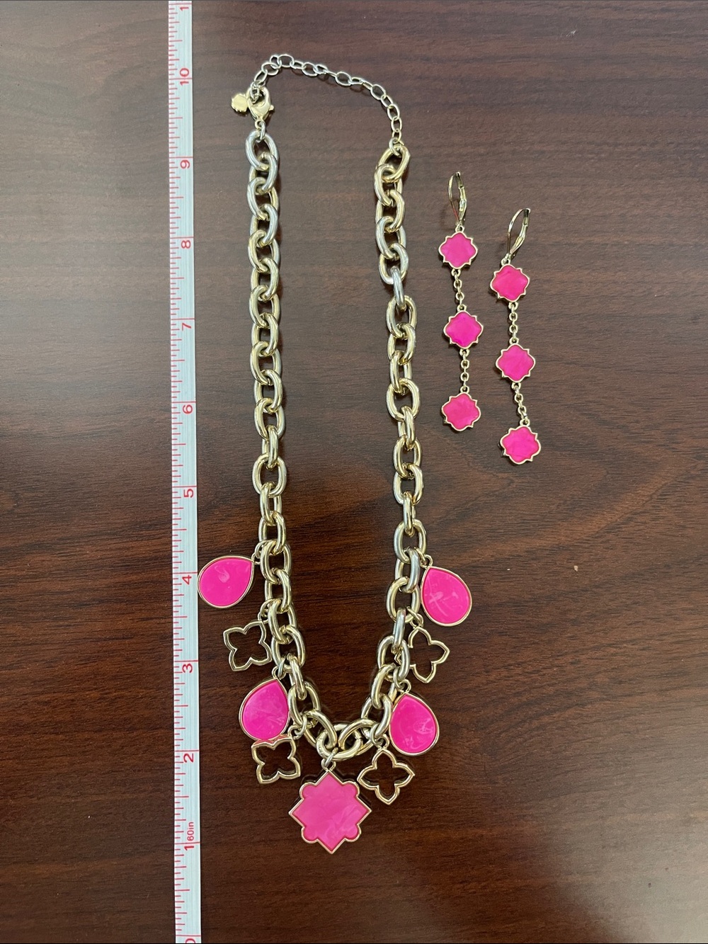 Crown & Ivy Gold-Tone Necklace and Drop Earrings Set with Hot Pink Accents
